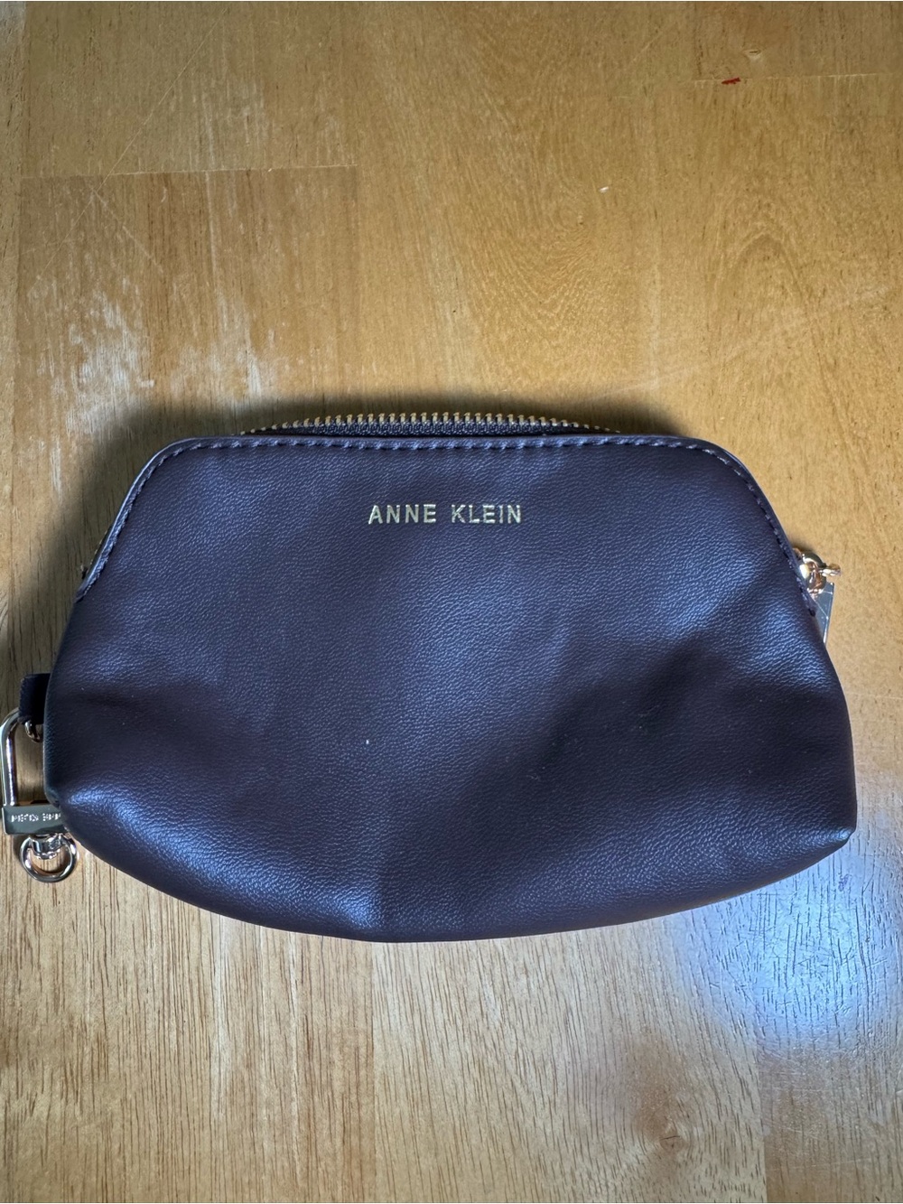 Anne Klein Dark Brown Zip Cosmetic Pouch with Gold Logo
